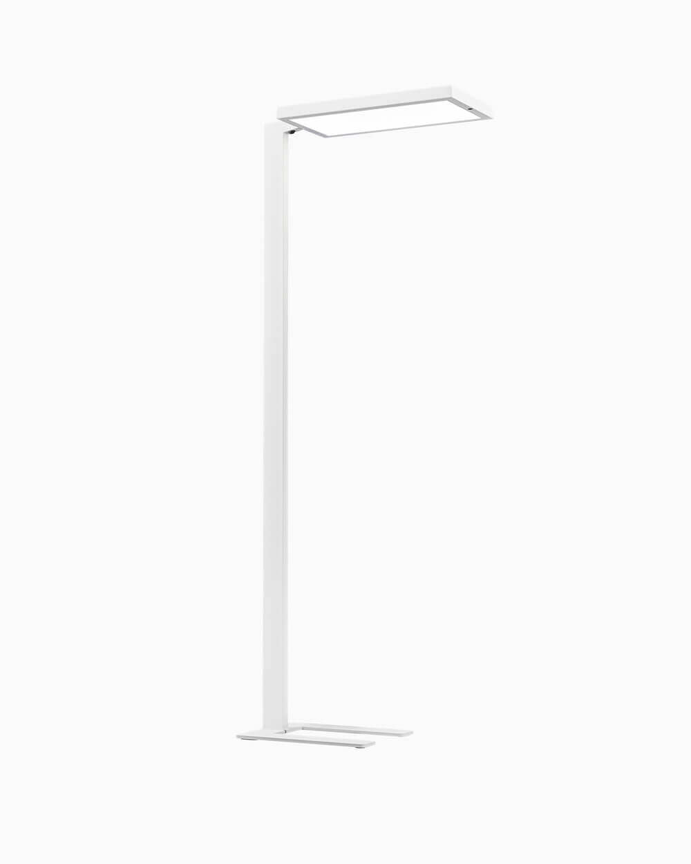 Moderne Stehleuchte 'Bob' von Belux in Weiß mit rechteckigem Lampenschirm.