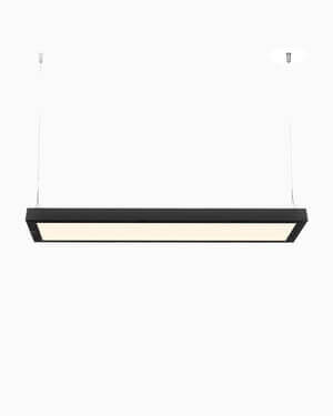 Pendelleuchte 'Bob' von Belux mit schwarzem Rahmen und weißem Leuchtfeld.