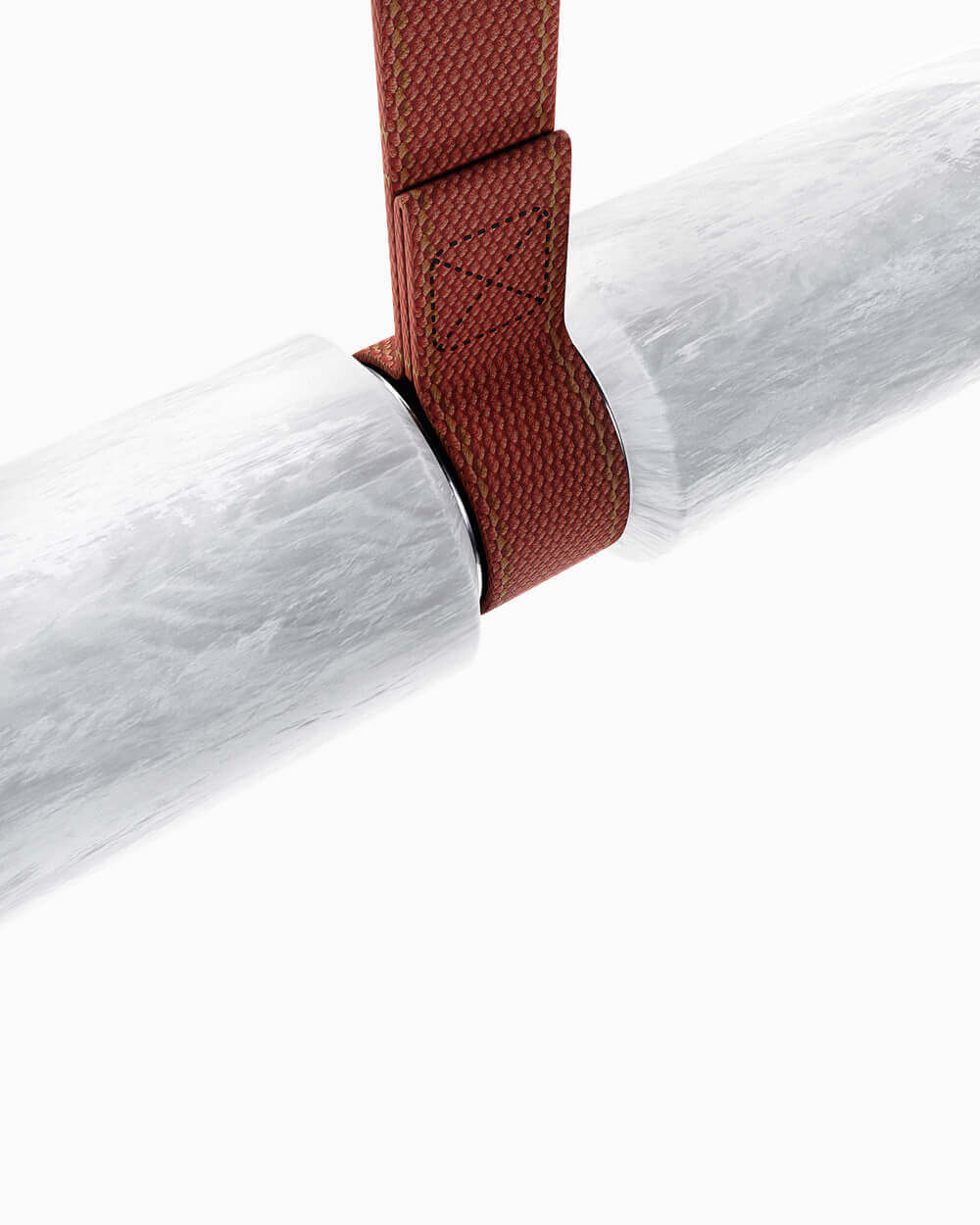 Detailansicht des Lampenmodells Equinox mit rot-braunen Halterungselement und weißen, runden Lampenarmen.