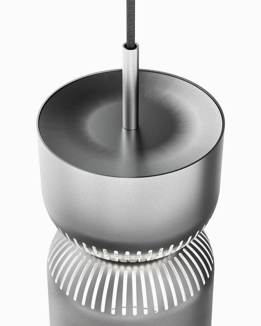 Hängelampe Moiré von Belux, designed by Karel Matějka, in silberner Farbgebung.