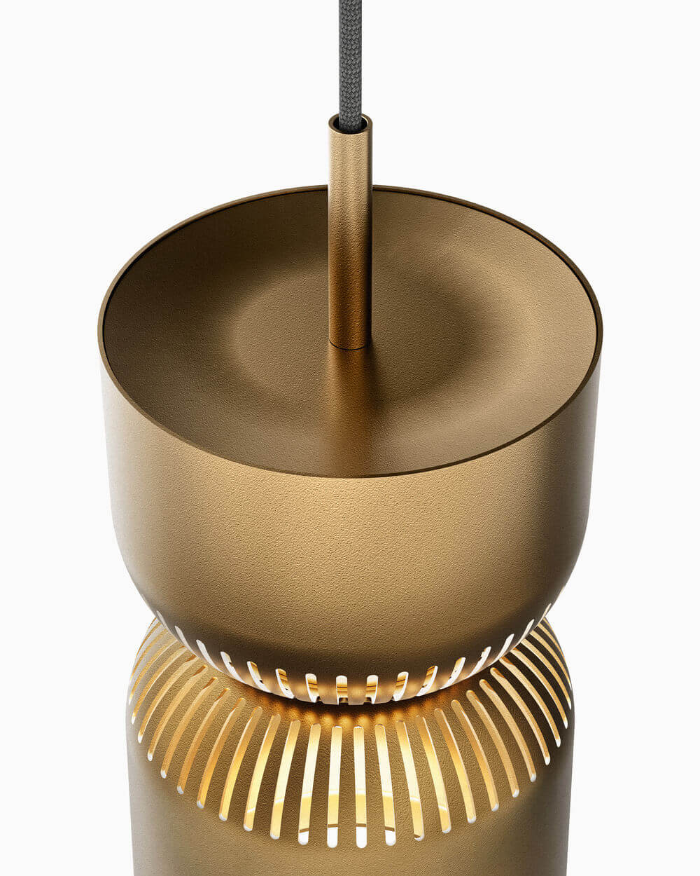 Pendelleuchte Moiré von Belux in mattem Gold mit dekorativen Ausschnitten.