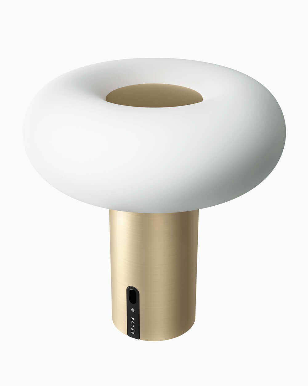 Oto Portable Lampe von Belux mit weißem Lampenschirm und goldenem Fuß.