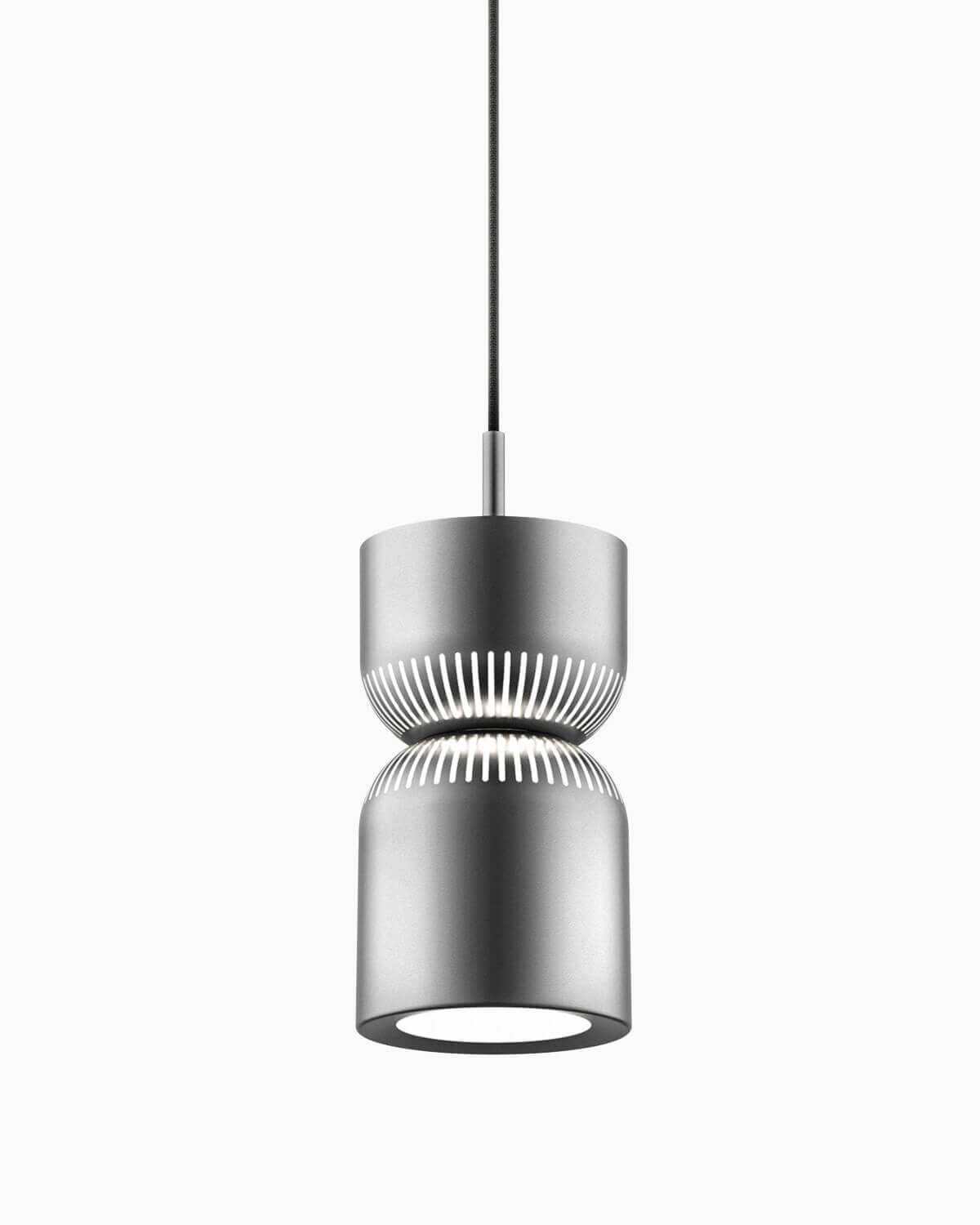 Pendelleuchte Moiré von Belux, Design Karel Matějka, in elegantem Silber.