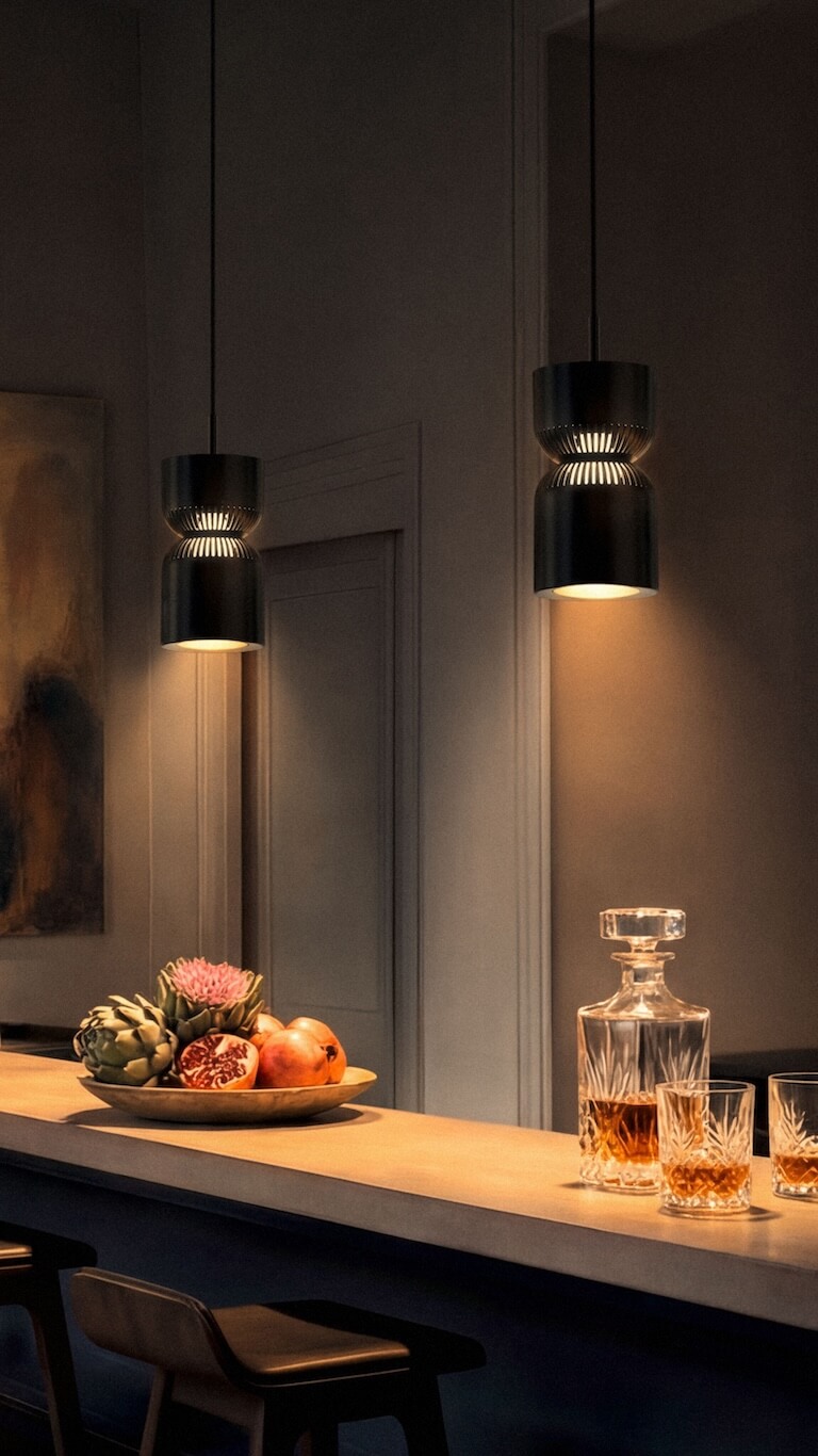 Lange Bar in einem eleganten Innenraum; mehrere schwarze Belux „Moiré“-Pendelleuchten hängen über der Theke und leuchten warm.